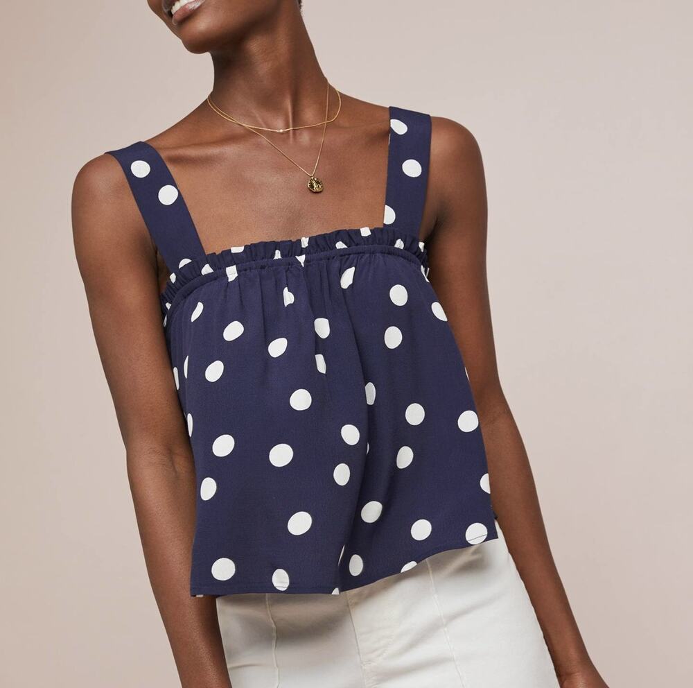 Anthropologie Maeve Blue & White Polka Dot Adjustable Swing Crop Top Tank Sz 14